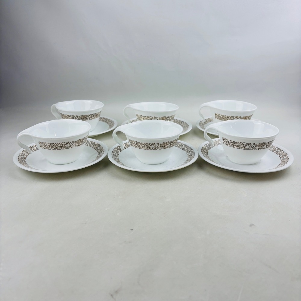 Corelle Woodland Brown 6 Flat Cup & Saucer Set Hook Handle Floral White Vintage‎